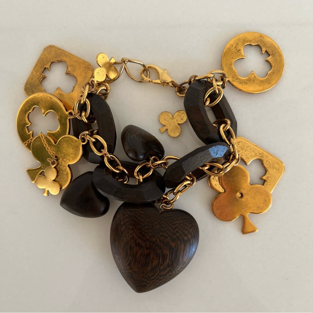 Vintage Gold and Wood Statement Charm Bracelet